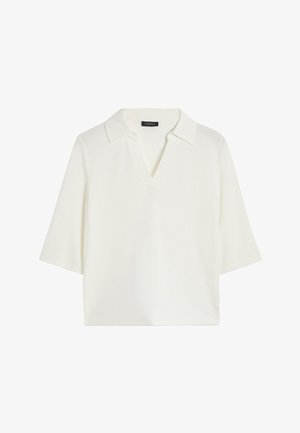 Valkoinen V-pääntie lyhythihainen paita, jossa on kauluspäällinen, valmistettu pehmeästä kankaasta. Ominaisuuksina rento istuvuus ja sileä rakenne.