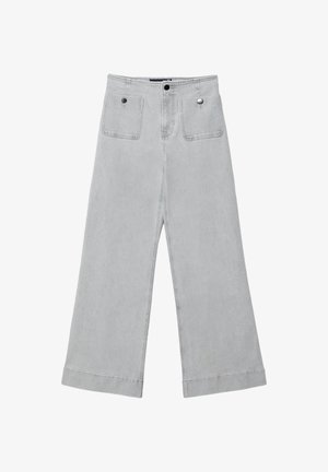 Wide-leg trousers in light gray denim, featuring two front pockets, metal button closures, and a clean finish with hemmed edges.