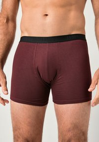 Bóxer para hombre burdeos con cintura negra que presenta un logotipo en relieve. La tela suave y el ajuste ceñido mejoran la comodidad y el soporte.