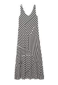 Robe noire et blanche présentant un motif géométrique avec des rayures variées. Conception sans manches, décolleté en V et silhouette en A.