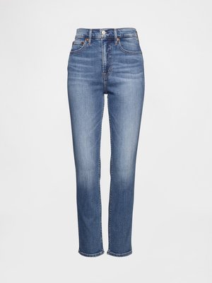 Kõrge vöökohaga sinised denim teksad sirge säärega, millel on kerge kulumine, klassikaline viie tasku disain ja metallist nööbiga sulgemine.