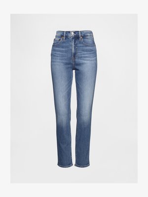 High-waisted blue denim jeans with a straight leg, featuring subtle whiskering, classic five-pocket design, and metal button closure.