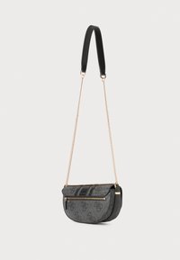 Gray handbag with a textured fabric, gold chain strap, and black leather accents. Features a zip pocket and logo pattern on the surface.