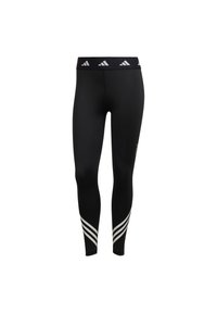 Leggings deportivos negros con una textura suave, una cinturilla alta que presenta un logo repetido y tres franjas diagonales blancas en la parte inferior de las piernas.
