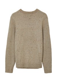 Beige gestrickter Pullover mit Rundhalsausschnitt, der eine gesprenkelte Textur sowie ein ribbelndes Bündchen an Saum und Ärmeln aufweist. Einfaches Design, ungeschmückter Rücken.