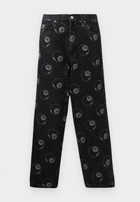 Zwarte denim jeans met een volledig grijze achtbalpatroon. Rechtestrik ontwerp met standaard vijf-pocket styling en metalen knoopsluiting.