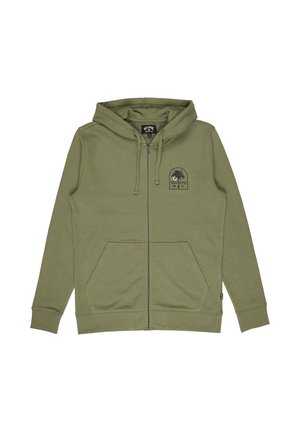 Olivgrüner Hoodie mit Reißverschluss, Fronttaschen, Kapuze mit Kordelzug und kleinem schwarzem Palmen-Logo auf der linken Brust.