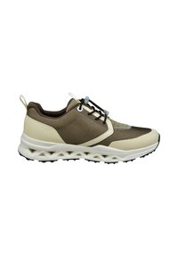 Sportliche Sneakers mit einem Obermaterial aus beigem und braunem Mesh, strukturierten Details, elastischen Schnürsenkeln und einer dicken, gemusterten weißen Sohle.