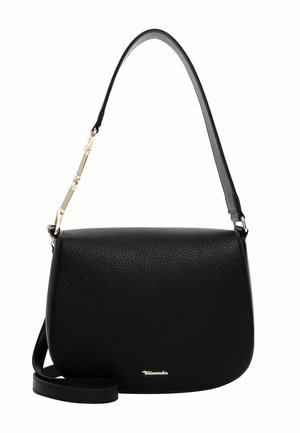 Black leather crossbody bag with a textured finish, rounded shape, adjustable strap, and gold hardware detail on the front.
