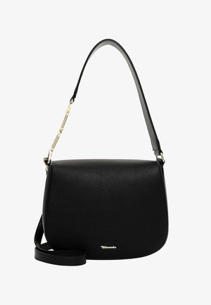 Czarna skórzana torebka typu crossbody o fakturowanym wykończeniu, zaokrąglonym kształcie, regulowanym pasku i złotych detalach na froncie.