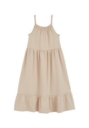 Bézs színű ujjatlan midi ruha állítható spagettipántokkal, gyűrt nyakkivágással és fodros aljjal, texturált anyagból.
