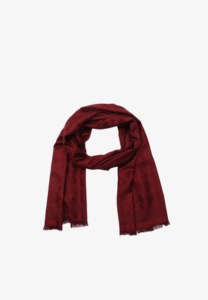 Bordeaux tørklæde lavet af blødt stof, med et subtilt blomsterdesign og frynsede kanter, anbragt i en løs, cirkulær formation.