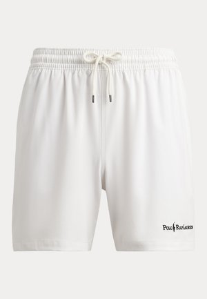Bañador corto blanco de hombre con cintura elástica y cordón, logo de Polo Ralph Lauren en la parte inferior del lado izquierdo.