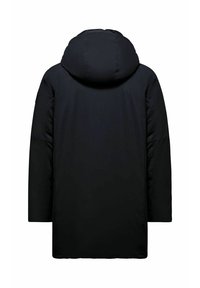 Cappotto invernale nero isolato con un ampio cappuccio imbottito, maniche lunghe e un taglio dritto, mostrato di spalle.