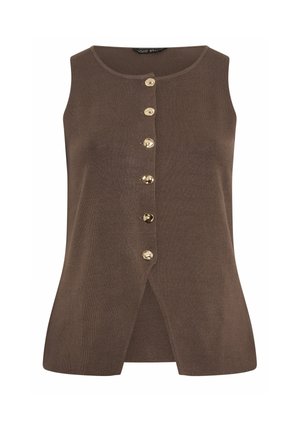 Haut marron sans manches en maille avec un col rond et six boutons dorés sur le devant, présentant une fente centrale à l'ourlet.