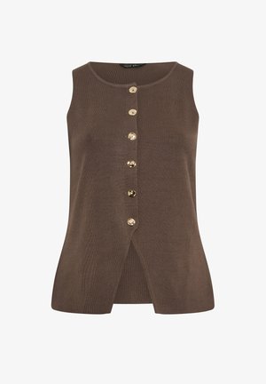 Brązowy dzianinowy top bez rękawów z okrągłym dekoltem i sześcioma złotymi guzikami z przodu, z rozcięciem na środku u dołu.