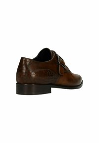 Brown leather shoe with a matte finish, featuring a textured crocodile pattern on the side, a rounded toe, and a flat heel.