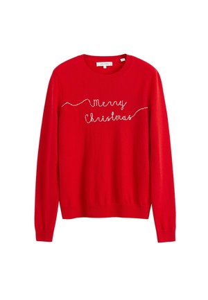 Pull en tricot rouge avec "Joyeux Noël" en broderie blanche décorative sur la poitrine. Encolure ras du cou, manches longues et ourlet à côtes.
