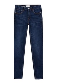 Jeans ajustados azul oscuro con bolsillos frontales y traseros, pasadores para el cinturón, cierre de botón y detalles sutiles de desgastado en los muslos.