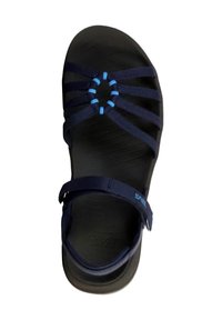 Navy blue sandal with rubber sole, multiple textile straps, a circular design featuring light blue accents, and adjustable ankle strap.