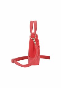 Borsa a tracolla in tessuto rosso con forma strutturata, caratterizzata da una superficie liscia, due manici e una tracolla removibile. Dettagli in hardware dorato.