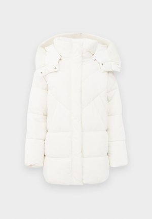 Witte pufferjack met een capuchon, met een gestructureerde voering en geometrische stiksels. De boxy pasvorm en het middellange ontwerp verhogen de warmte.