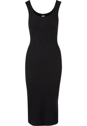 Schwarzes ärmelloses Midikleid aus Rippstoff mit einem runden Ausschnitt und einer figurbetonten Silhouette. Glatte Textur im gesamten Kleid.