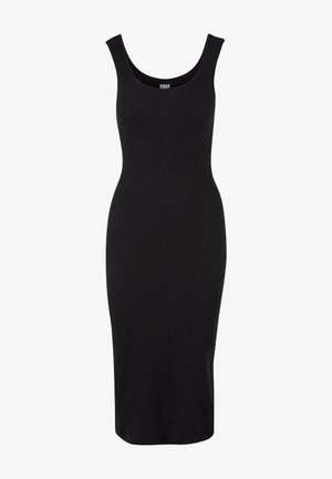 Black sleeveless midi dress made of ribbed fabric, featuring a rounded neckline and a form-fitting silhouette. Smooth texture throughout.