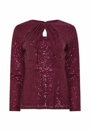 Top lungo bordeaux con maniche lunghe, scollatura a chiave e tessuto ricoperto di paillettes testurizzate e brillanti. Presenta delle pieghe per un tocco di dettaglio in più.