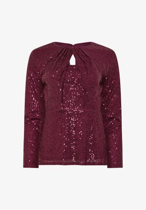 Burgunderfarbenes Langarmoberteil mit einem Schlüsselloch-Ausschnitt und strukturierten, glitzernden Pailletten, die den Stoff bedecken. Verfügt über Falten für zusätzliche Details.
