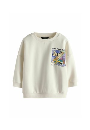 Offwhite børnesweatshirt med ribkrave og manchetter, med en farverig tegneseriehund på en rutsjebane og teksten "FUN PARK DAYS."