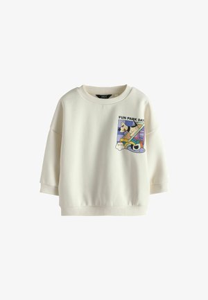 Sweat-shirt enfant écru avec col et poignets côtelés, avec un chien de dessin animé coloré sur un toboggan et le texte "FUN PARK DAYS."