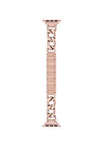 Bracciale in metallo color oro rosa, caratterizzato da un design a catena interconnessa con maglie rettangolari e estremità affusolate. Compatibile con smartwatch.