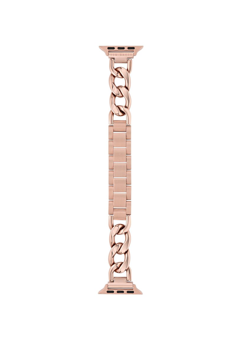 Bracciale in metallo color oro rosa, caratterizzato da un design a catena interconnessa con maglie rettangolari e estremità affusolate. Compatibile con smartwatch.