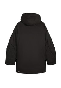 Sort isoleret parka med hætte. Har en glat tekstur, brede ærmer og ingen synlige lukninger eller mønstre på ryggen.