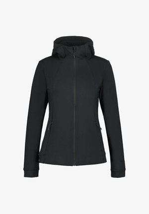 Musta vetoketjullinen huppari, valmistettu pehmeästä materiaalista. Siinä on sivutaskut ja istuva malli ilman saumoja olkapäissä ja hihansuuissa.