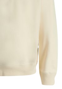 Sweatshirt beige clair avec des manches longues, des poignets côtelés et une texture lisse. Comprend un ourlet droit et des détails de coutures subtils.