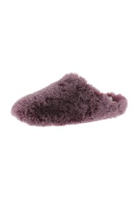 Zapatilla de felpa sintética en un tono púrpura suave, con diseño de puntera redondeada y abertura en la parte trasera. Textura suave con un acabado esponjoso y sin herrajes visibles.