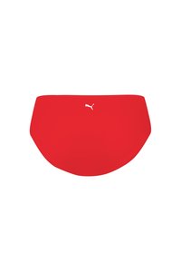 Rote Schwimmshorts aus elastischem Material, mit glatter Textur und einem weißen Puma-Logo auf der Vorderseite. Mid-Rise-Design mit abgerundeten Kanten.