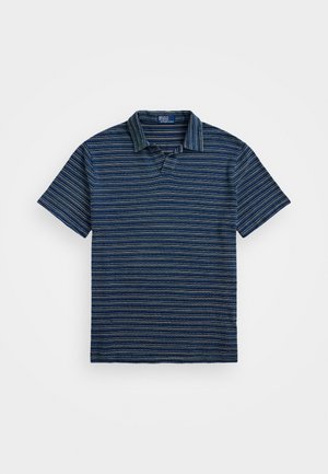 Pólo de manga curta em azul escuro com padrão de riscas claras e colarinho texturizado. Feito em tecido suave, apresenta uma pala de três botões.