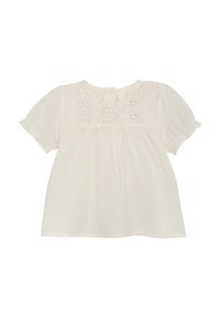 Witte katoenen blouse met korte pofmouwen, voorzien van een geborduurd bloemenpatroon aan de voorkant en een ronde hals met een kleine knoopsluiting.