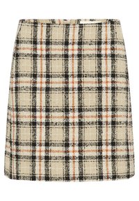 Karelinė mini sijonas beige, juodos ir oranžinės spalvų. Structūruotas audinys su kvadratiniu raštu. A formos siluetas su prigludusia liemene.