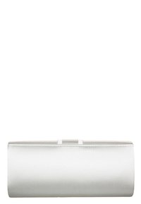 Pochette rectangulaire en satin argenté avec une texture lisse, dotée d'un fermoir sécurisé et d'un design minimaliste, idéale pour les occasions formelles.