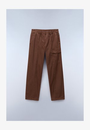 Rudos, laisvai priglundančios kargo kelnės, pagamintos iš medvilnės. Yra elastinė juosmens juosta, šoninės kišenės ir kargo kišenė ant šlaunies.