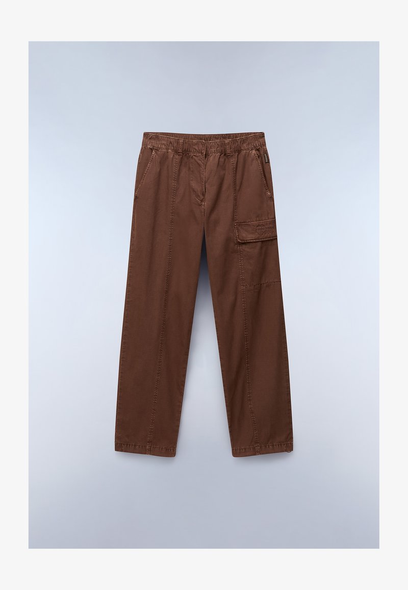 Καφέ, φαρδιά cargo παντελόνια φτιαγμένα από βαμβάκι. Χαρακτηριστικά περιλαμβάνουν ελαστική ζώνη, πλευρικές τσέπες και μία τσέπη cargo στο μηρό.