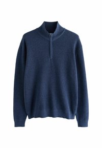 Granatowy sweter z dzianiny z długimi rękawami, prążkowany wysoki kołnierz oraz zamek błyskawiczny z przodu, sięgający do połowy klatki piersiowej.