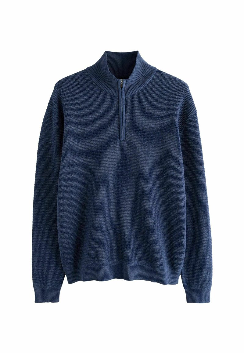 Granatowy sweter z dzianiny z długimi rękawami, prążkowany wysoki kołnierz oraz zamek błyskawiczny z przodu, sięgający do połowy klatki piersiowej.