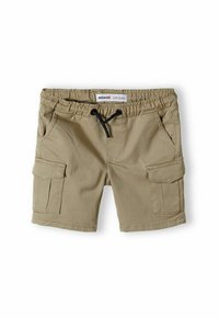 Beige cargo šortky s elastickým pásom, čiernym šnúrkou na sťahovanie, dvomi bočnými vreckami a jedným vreckom na boku, vyrobené z mäkkej tkaniny.