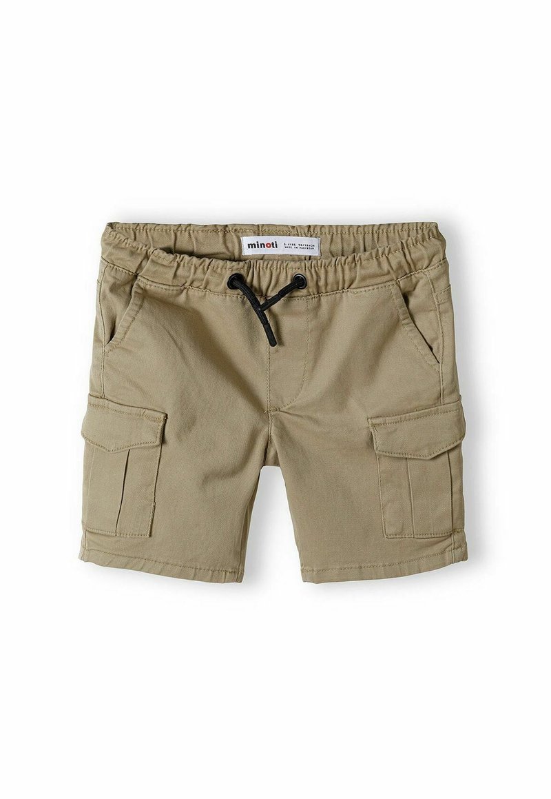 Beige cargo šortky s elastickým pásom, čiernym šnúrkou na sťahovanie, dvomi bočnými vreckami a jedným vreckom na boku, vyrobené z mäkkej tkaniny.