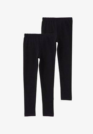 Dwie pary czarnych legginsów z elastycznym pasem, ułożonych płasko, jedna para lekko nachodząca na drugą.